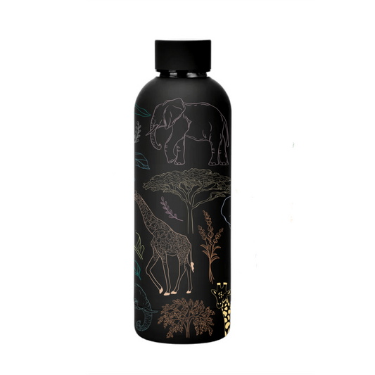 Savannah insulated bottle with wildlife illustration front view — The Art Carte