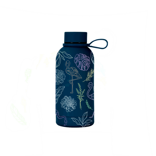 Flamboyance insulated mini bottle with flamingo illustration front view — The Art Carte