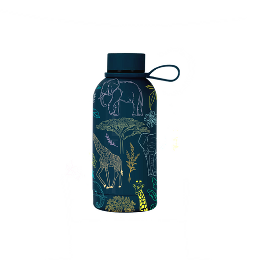 Savannah insulated mini bottle with wildlife illustration front view — The Art Carte