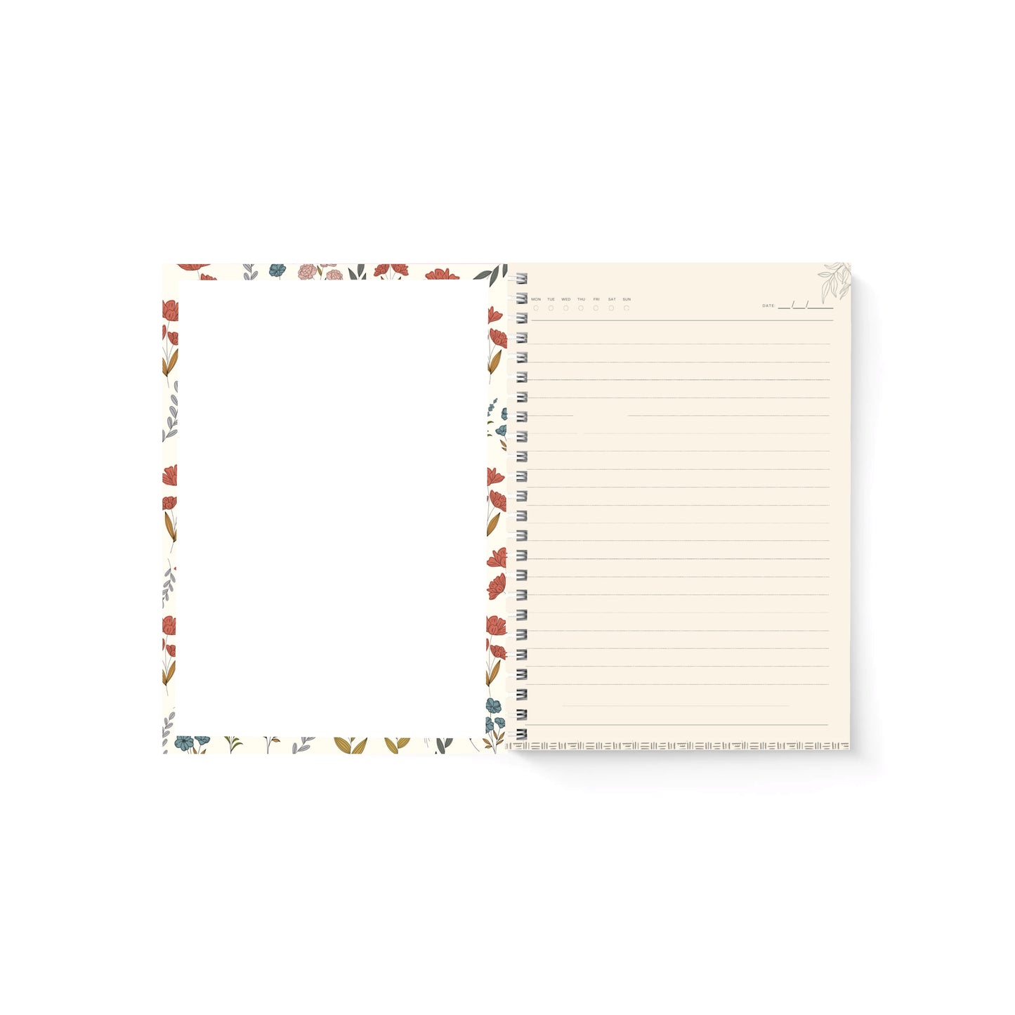 Notebook with floral design on one cover and lined pages on the other, on a white background.