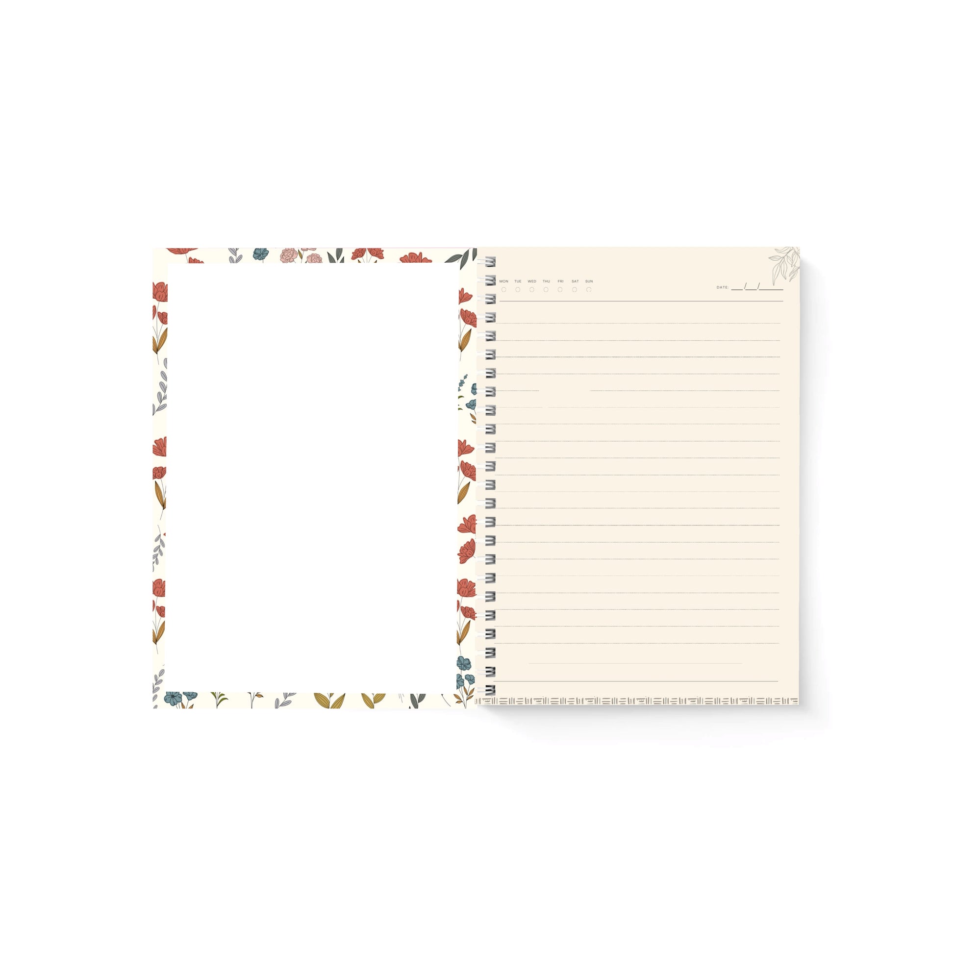Notebook with floral design on one cover and lined pages on the other, on a white background.