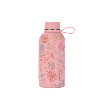 Flamboyance insulated mini bottle close-up showing flamingo illustration detail — The Art Carte