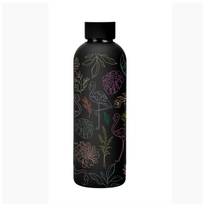 Flamboyance insulated bottle side view showing full flamingo illustration — The Art Carte