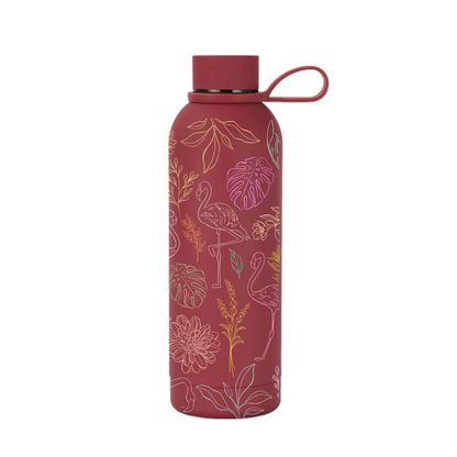 Flamboyance insulated bottle lifestyle shot showing flamingo illustration detail — The Art Carte