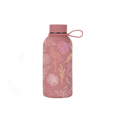 Flamboyance insulated mini bottle lifestyle shot showing flamingo illustration — The Art Carte