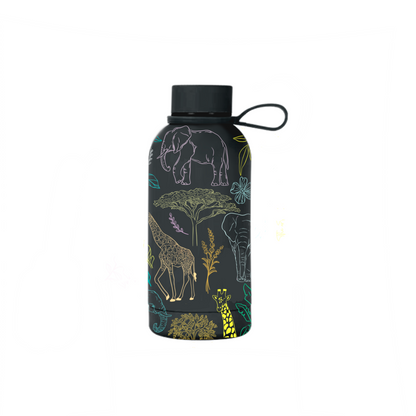 Savannah insulated mini bottle side view showing full wildlife illustration — The Art Carte