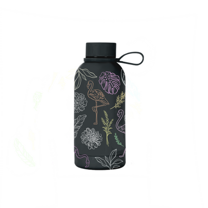 Flamboyance insulated mini bottle side view showing full flamingo illustration — The Art Carte